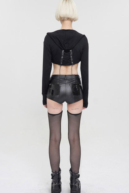 Black Punk Long Sleeve Knitted Chest Mesh Perspective Back Drawstring Adjustment Hoodie Women's Shirt