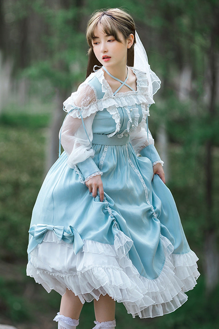 Blue Halter Neck Lantern Long Sleeves Lace Ruffled Hanayome Sweet Lolita Op Tiered Dress