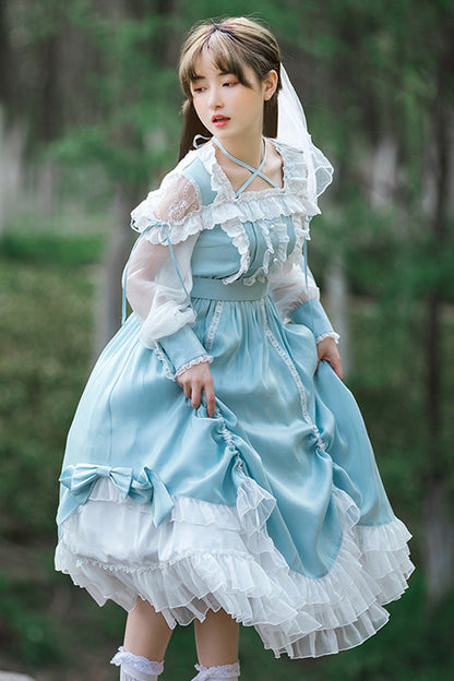 Blue Halter Neck Lantern Long Sleeves Lace Ruffled Hanayome Sweet Lolita Op Tiered Dress