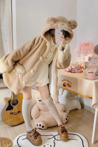 [Sleepy Bear and Cat] Long Sleeves Hooded Sweet Lolita Coat 3 Versions
