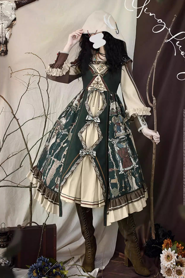 Dark Green [Tarot] Print Long Puff Sleeves Ruffle Bowknot Ripped Sweet Elegant Lolita Dress