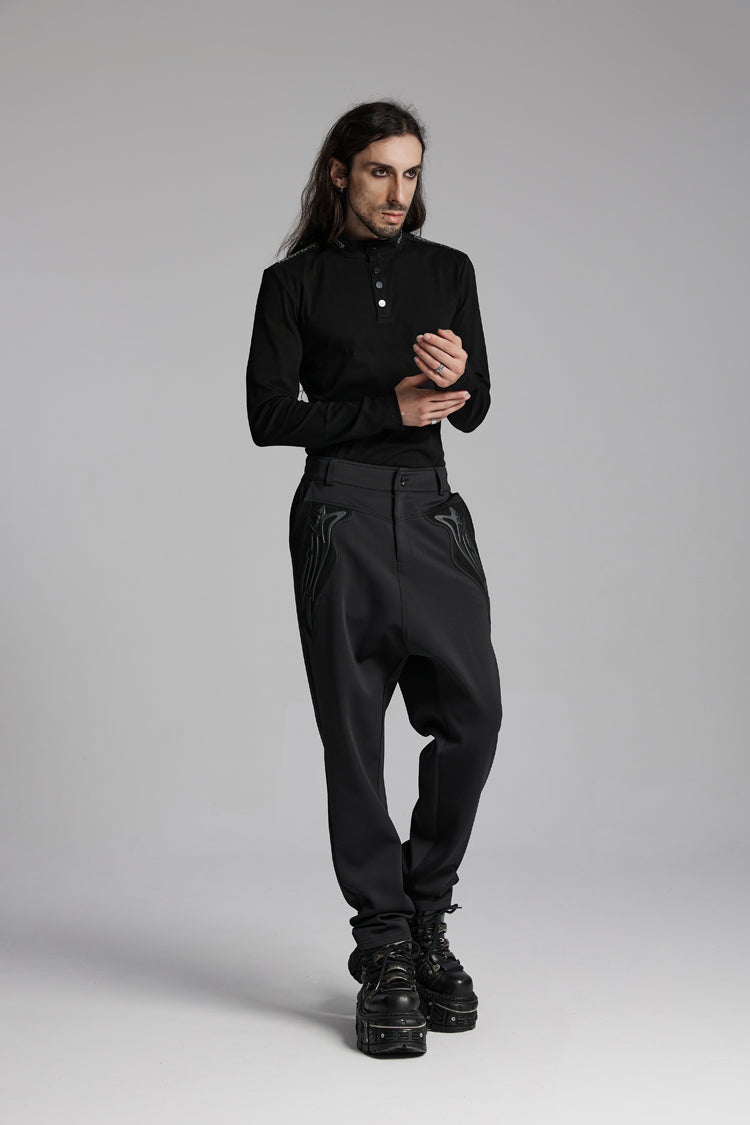Black Stand Collar Long Sleeves Men's Punk Military T-Shirt