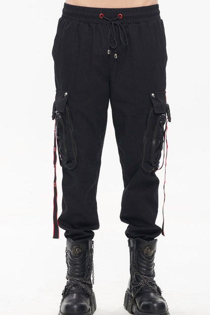 Black Punk Multi Pocket Webbing Decorative Drawstring Men's Long Pants