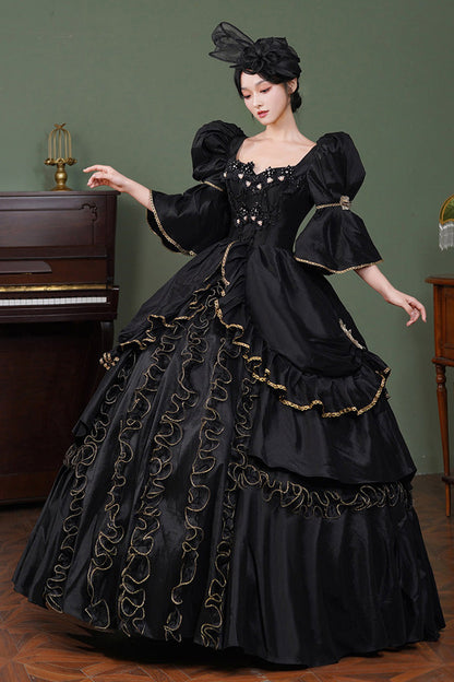 Black Square Collar Half Trumpet Sleeves Double-Layered Ruffled Open-Front Gothic Vintage Palace Lolita Victorian Dress