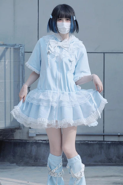Blue Rabbit Ears Hooded Bowknot Lace Sweet Lolita Coat Set