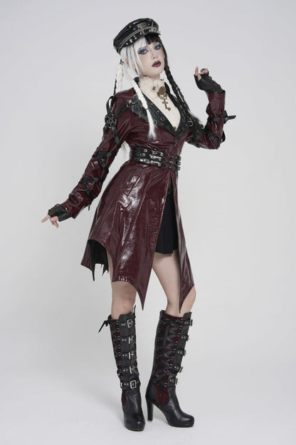 Red Lapel Collar Long Sleeves Lace-Up Irregular Eyelets & Rings Women's Punk Coat