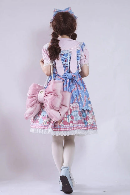 Peach Pink Big Bowknot Metal Heart Nameplate Lolita Backpack