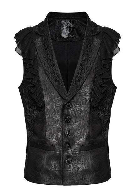 Black Sleeveless Buckle-up Ruffle Men's Gothic Vest
