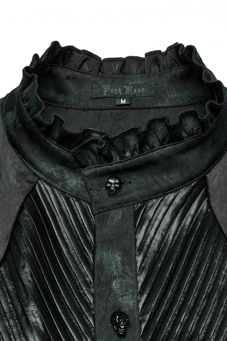 Black/Green Stand Collar Long Sleeves Ruffle Pleated Men's Gothic Blouse
