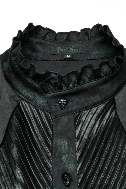 Black/Green Stand Collar Long Sleeves Ruffle Pleated Men's Gothic Blouse