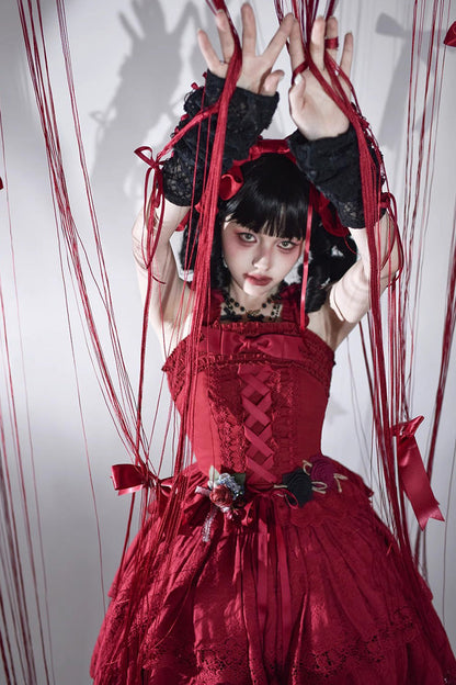 Wine Red [Forest Waltz] Embroidery Bowknot Lace-Up Slim Sweet Elegant Lolita Suspender Top