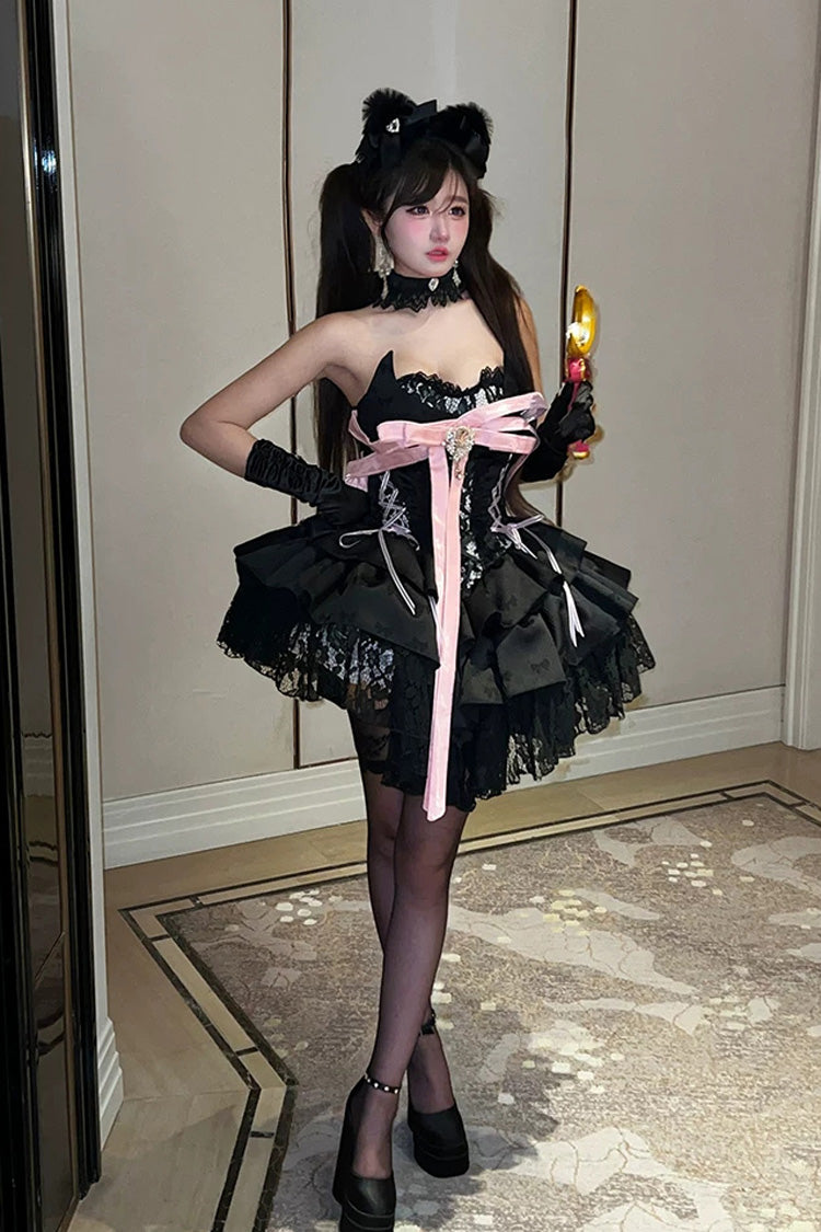 Black [Kitten Sweetheart] Multi-Layered Ruffled Bow Lace-Up Princess Ballet Gothic Lolita Jsk Dress