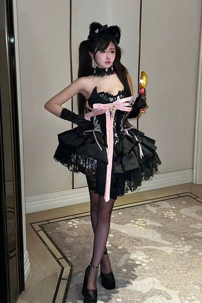 Black [Kitten Sweetheart] Multi-Layered Ruffled Bow Lace-Up Princess Ballet Gothic Lolita Jsk Dress
