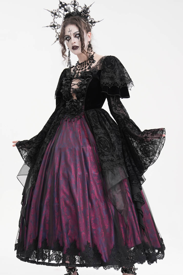 Black/Purple Crochet Long Sleeves Hanayome Lace Women's Gothic Dress