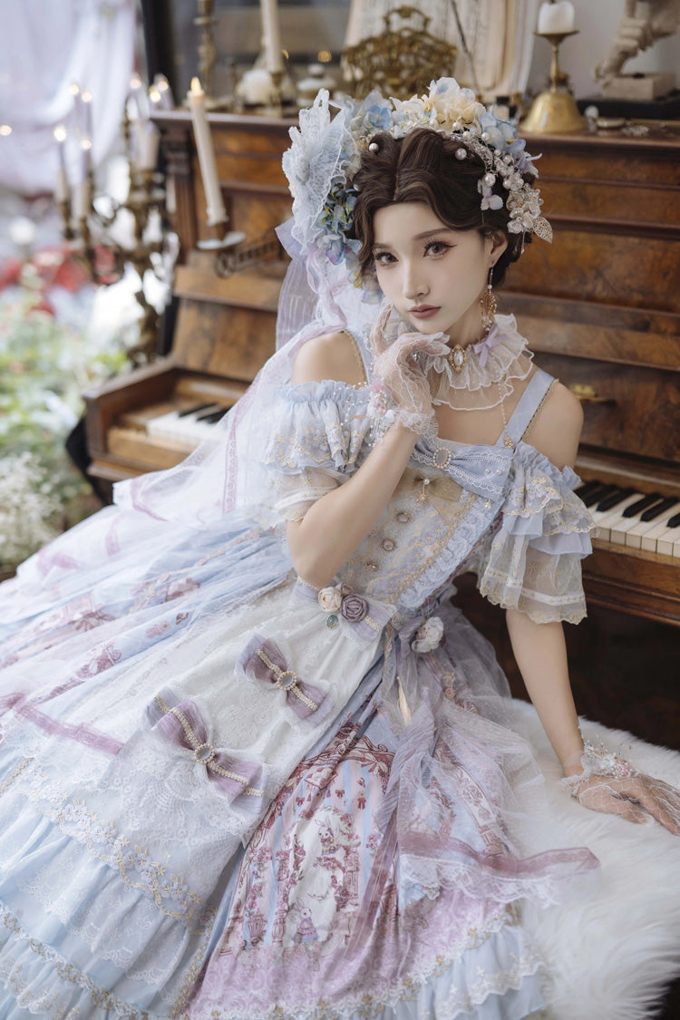 Blue [Moonlight Melody] Off Shoulder Sleeveless Multi-Layered Hanayome Open-Front Bow Lace Sweet Gorgeous Lolita Jsk Dress Set