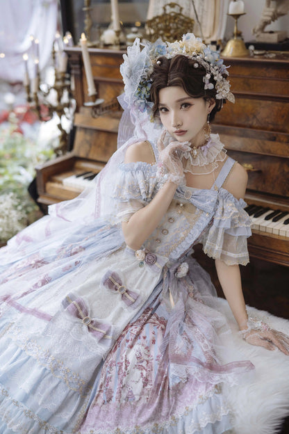 Blue [Moonlight Melody] Off Shoulder Sleeveless Multi-Layered Hanayome Open-Front Bow Lace Sweet Gorgeous Lolita Jsk Dress Set