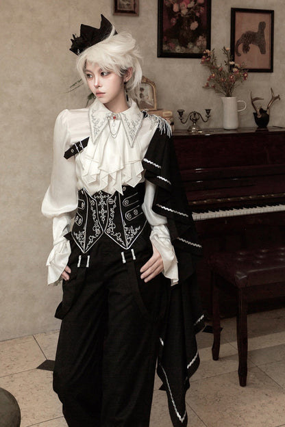 Black/White Embroidery Asymmetric Gothic Prince Handsome Ouji Lolita Set