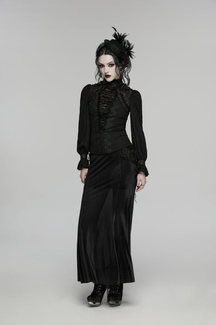 Black Stand Collar Long Sleeves Lace Lace-Up Slim Women's Gothic Blouse