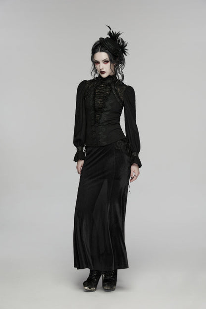 Black Stand Collar Long Sleeves Lace Lace-Up Slim Women's Gothic Blouse