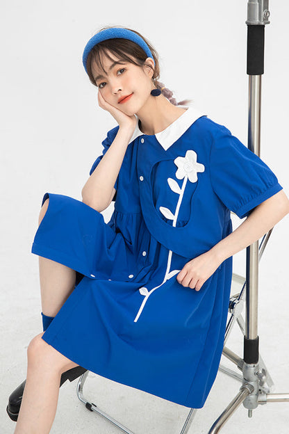 Blue Lapel Collar Short Sleeve High Waist Single Breasted Sweet Lolita Dress