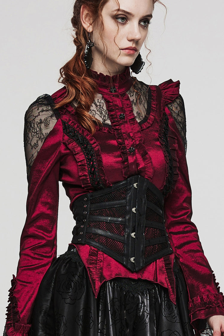 Black Print Leather Hollow Stitching Mesh Women's Gothic Corset