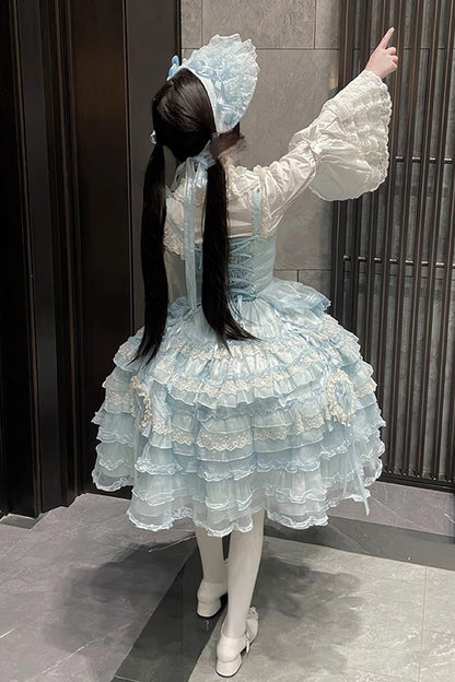 Blue [Sweetheart Diary] Multi-Layered Ruffle Hanayome Embroidery Bowknot Lace Sweet Lolita Jsk Dress