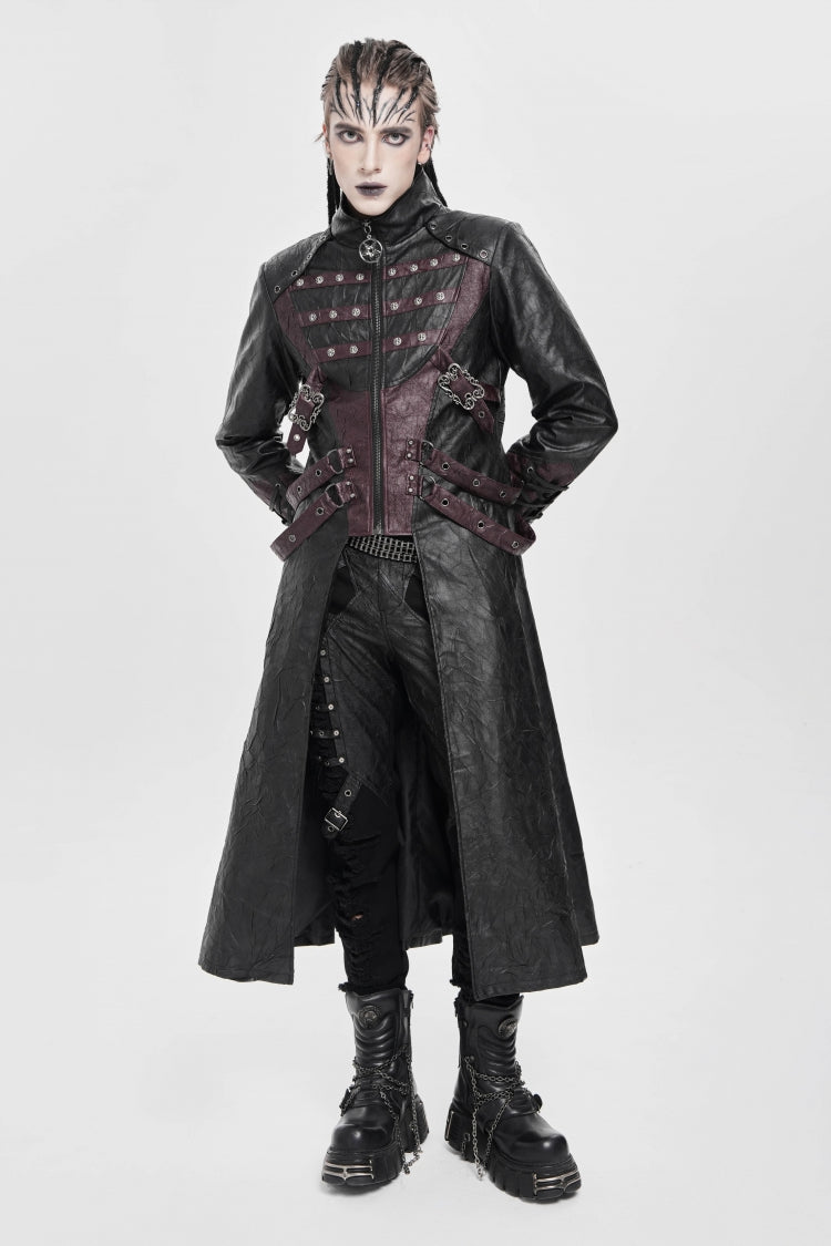 Black/Red Stand Collar Zipper Straps Eyelet Men's Punk Coat