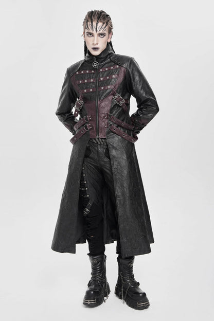 Black/Red Stand Collar Zipper Straps Eyelet Men's Punk Coat