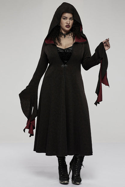 Black/Red Knitted Long Sleeves Big Hat Mystery Witch Rose Pattern Women's Gothic Coat