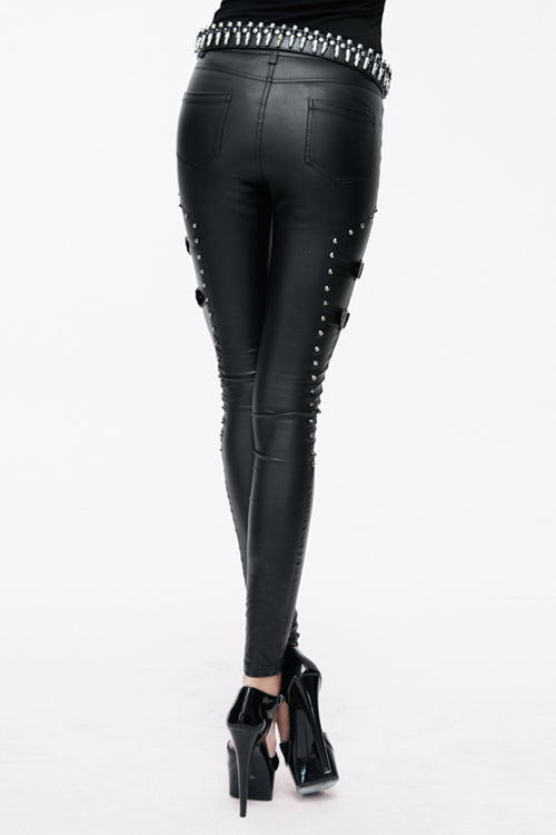 Black Sexy rivets coarse grain leather adjusted loops skinny Womens Pants