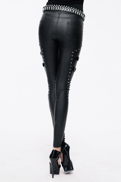 Black Sexy rivets coarse grain leather adjusted loops skinny Womens Pants