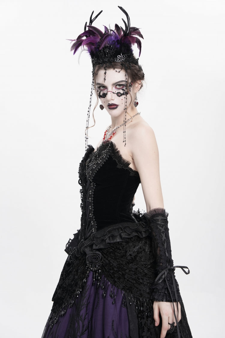 Black Sleeveless Beaded Lace Lace-Up Women's Gothic Overbust Corset
