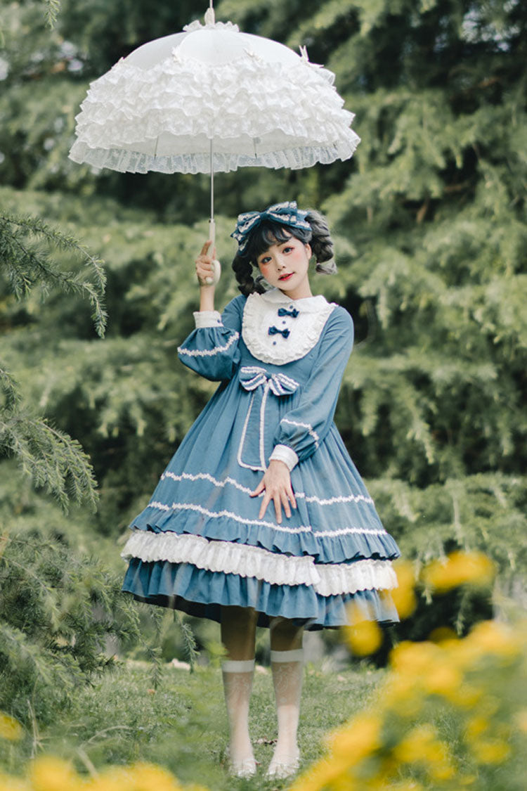 Blue Long Sleeves Bowknot Ruffled Multi-Layer Classic Lolita Op Dress