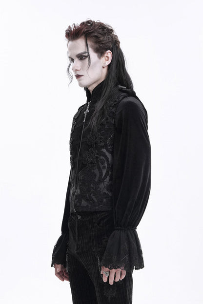 Black Stand Collar Sleeveless Floral Crochet Zipper Men's Gothic Vest
