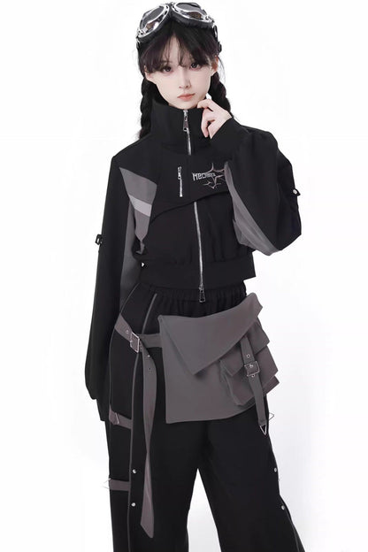 Black [Holographic Cruise] Techwear Long Sleeves Spliced Zippered Gothic Jirai Kei Pants and Short Coat Set