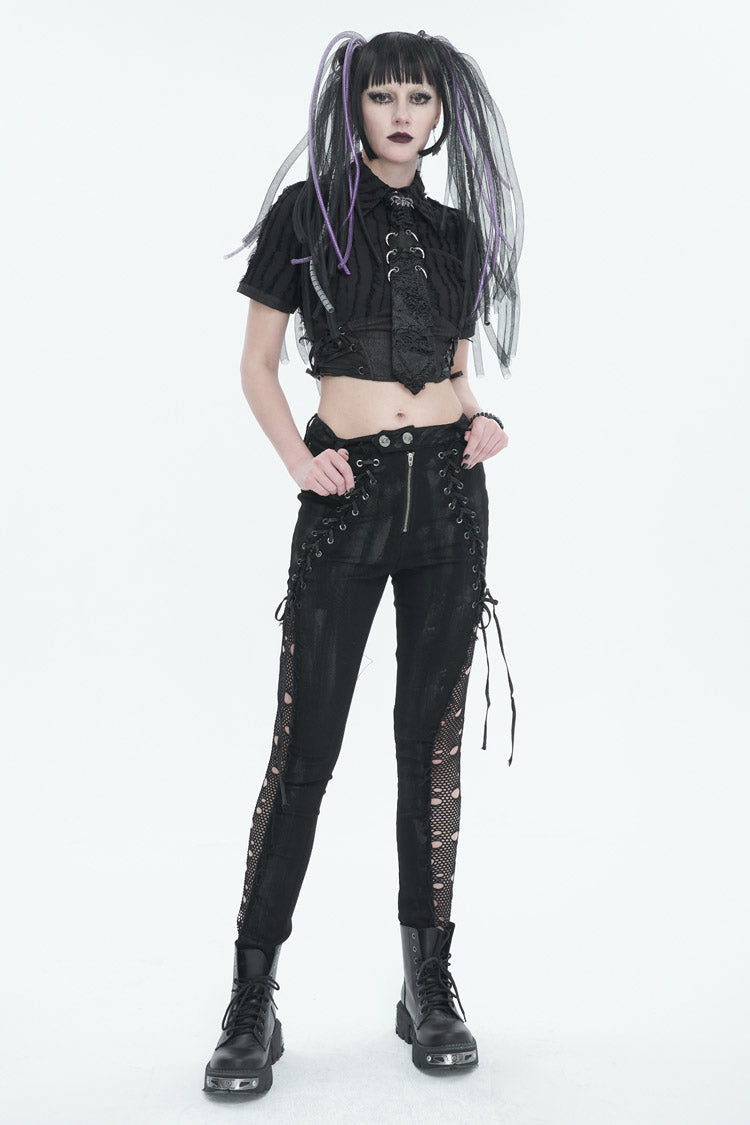 Black Stretch Twill Paneled Mesh Perforated Women's Punk Trousers
