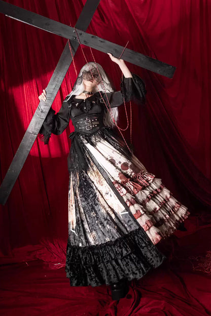 [Heretical Nun] Sleeveless Multi-Layered Printed Ruffled Open-Front Gothic Plus Size Lolita Strap Dress Long Version 2 Colors