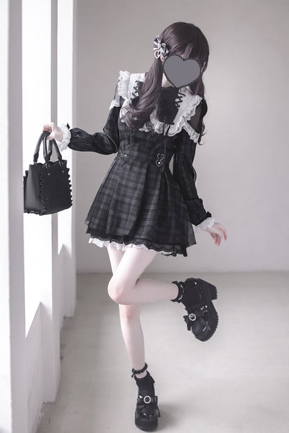 Black [Angel Heartbeat] Long Sleeves Plaid Print Ruffle Bowknot Lace Sweet Jirai Kei Japanese Dress