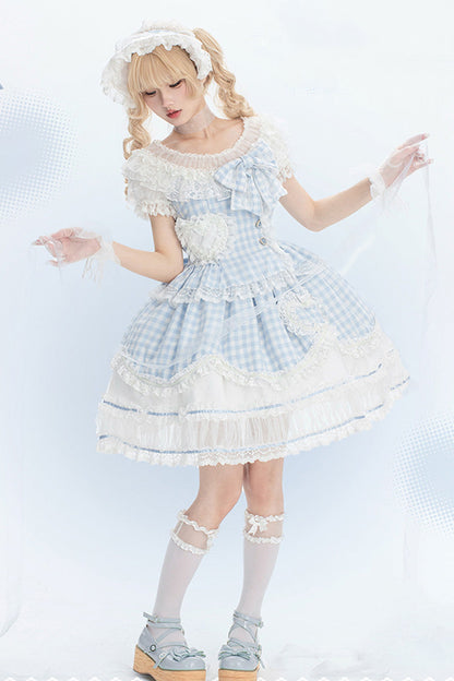 Blue [Tea Break Sweetheart] Short Sleeves Multi-Layered Plaid Print Ruffle Sweet Lolita Dress