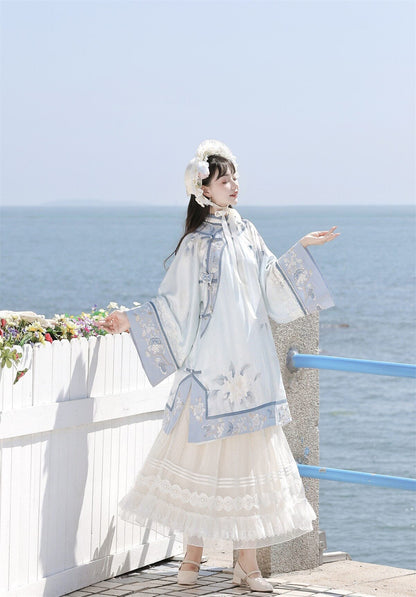 Blue [Flower Room] Stand Collar Long Sleeves High Waisted Printed Embroidered Women's Sweet Classic Hanfu Dress Set