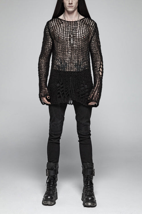 Black Casual Ripped Pullover Men's Steam Punk Sweater