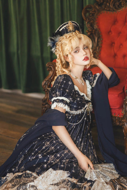 Blue [Unicorn] V Collar Short Sleeves Empire Motif Print Embroidery Bowknot Lace Sweet Elegant Lolita Dress