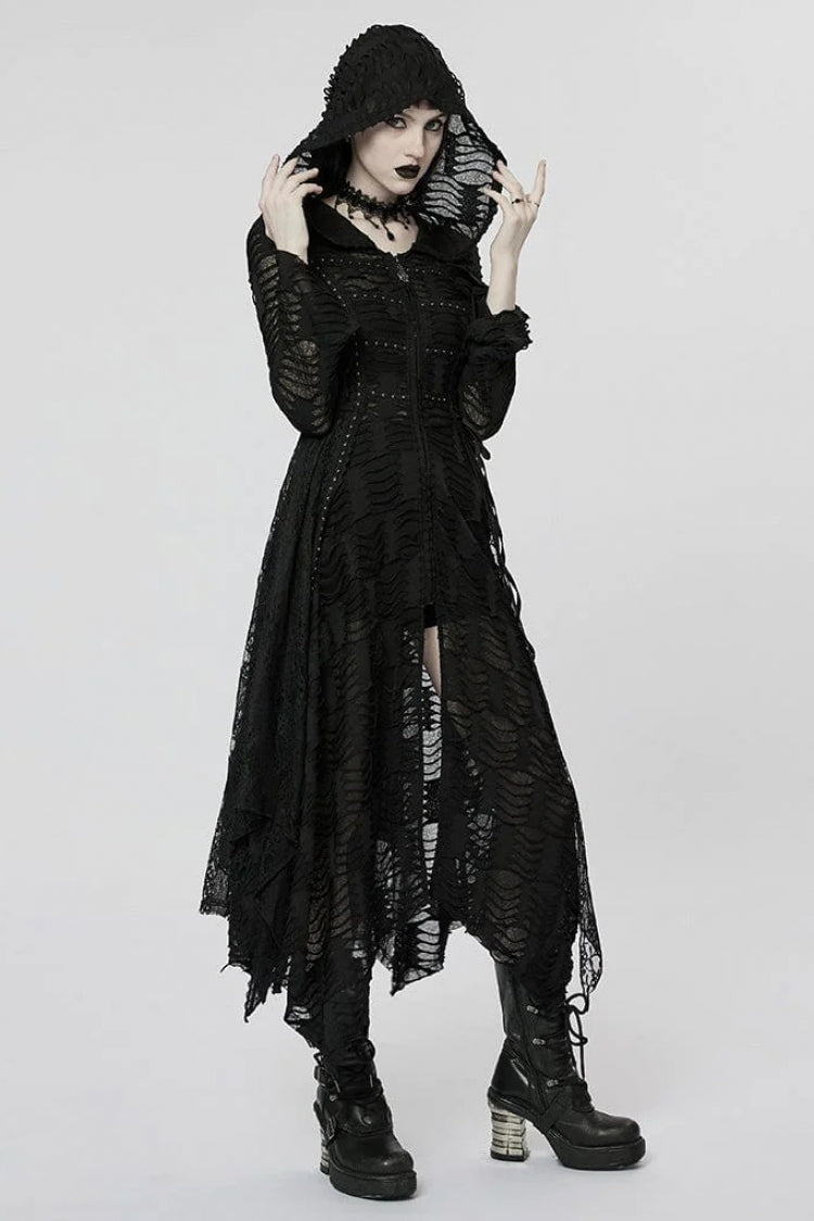 Lace Mesh Irregular Hem Hooded Womens Gothic Coat 2 Colors