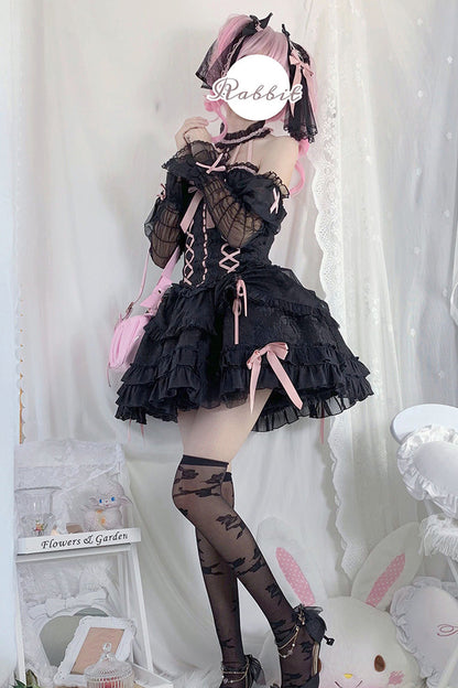 Black/Pink Tube Top Sleeveless Ruffle Bowknot Gothic Lolita Jsk Tiered Dress