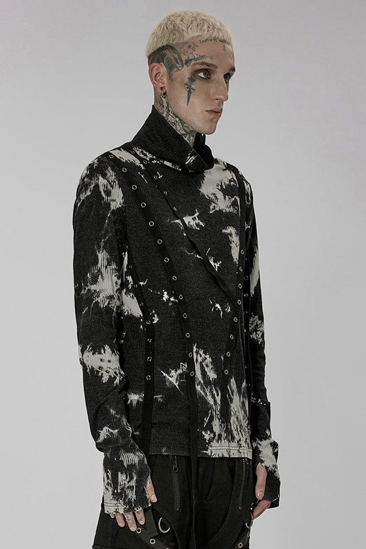 Black/White Punk Asymmetric Metal Buckle Side Button Tie Dye High Neck Basic Long Sleeve Men's Shirt
