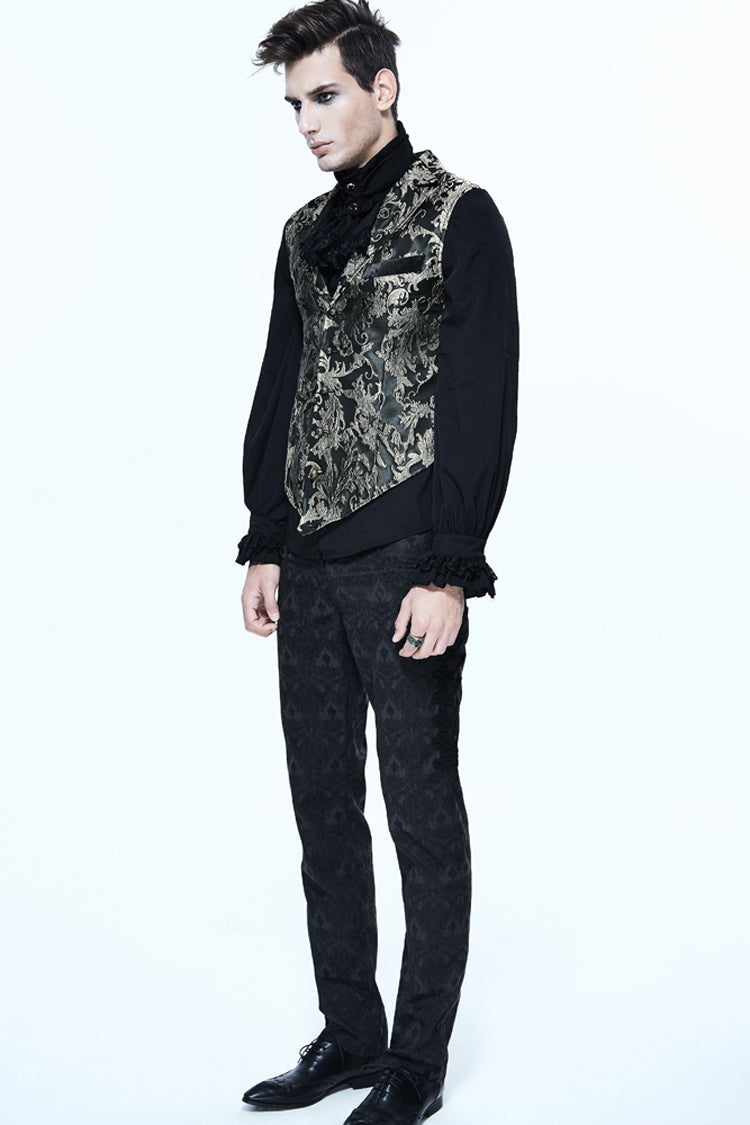 Black/Silver Jacquard Printed Button Men's Gothic Vest