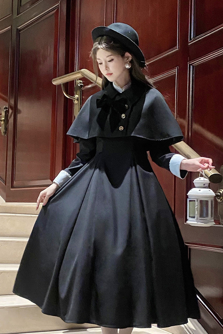 Black [Miss Donya] Stand Collar Long Sleeves Bow Gothic Elegant Lolita OP Dress
