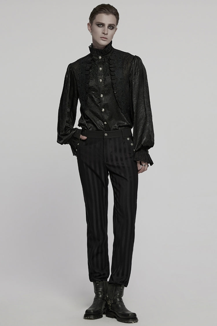 Black Stand Collar Long Puff Sleeves Jacquard Ruffle Embroidery Men's Gothic Blouse