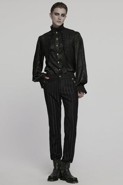 Black Stand Collar Long Puff Sleeves Jacquard Ruffle Embroidery Men's Gothic Blouse