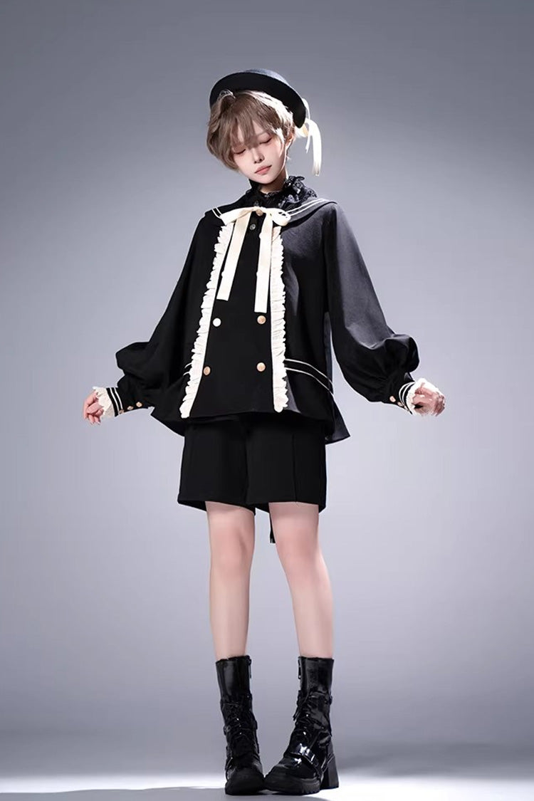 Black [City of Mist] Navy Collar Long Sleeves Gothic College Style Prince Ouji Lolita Shorts Coat Set
